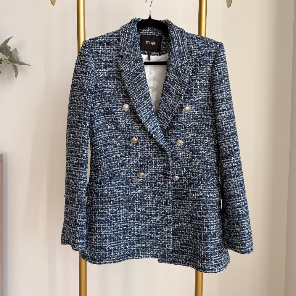 Maje tweed Blazer Jacket blue double breasted gold buttons - Elegant Chic
